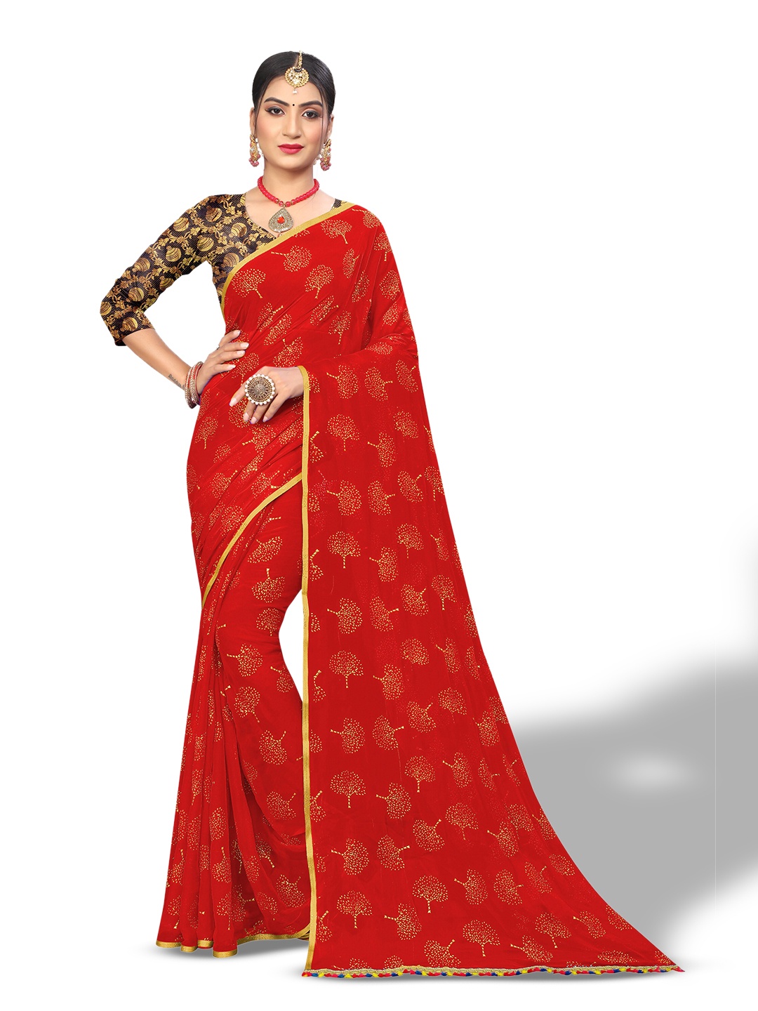 

Rhey Ethnic Motifs Poly Chiffon Saree, Red