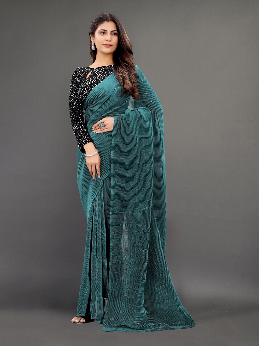 

Rhey Sequinned Pure Georgette Saree, Turquoise blue