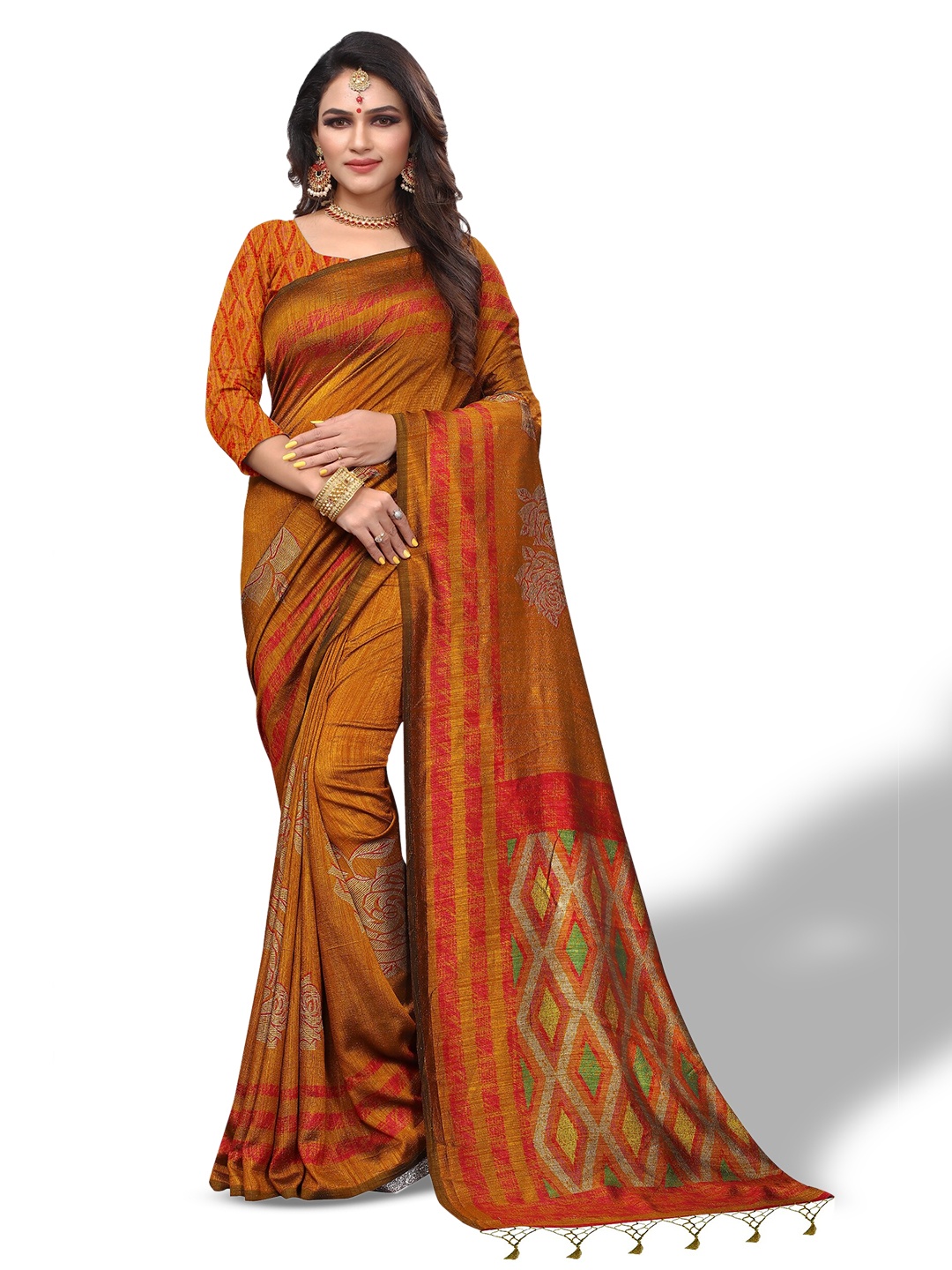 

Rhey Floral Printed Pure Silk Saree, Mustard