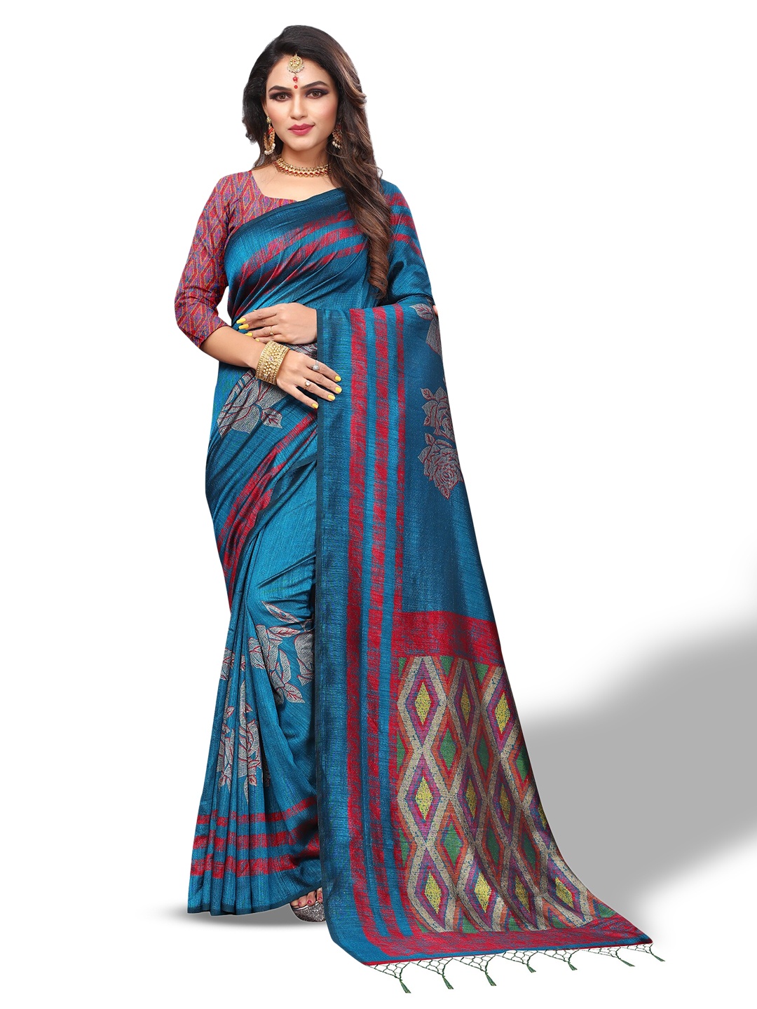 

Rhey Floral Printed Pure Silk Saree, Turquoise blue
