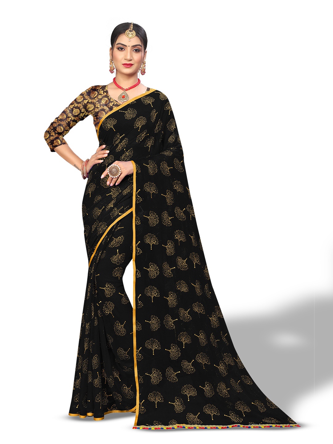 

Rhey Floral Foil Printed Poly Chiffon Saree, Black