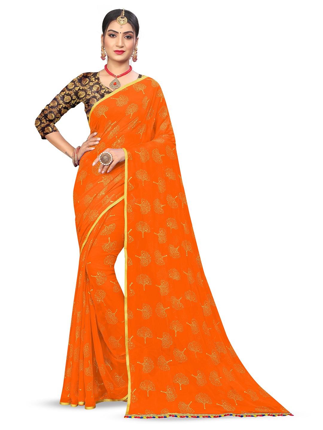 

Rhey Floral Poly Chiffon Saree, Orange