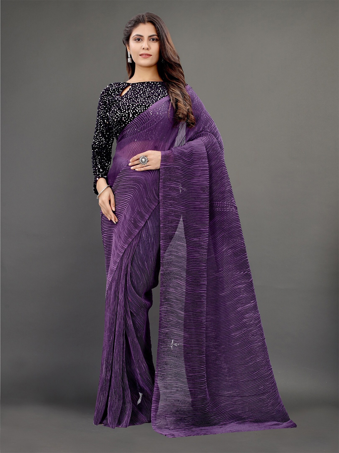 

Rhey Striped Sequined Pure Georgette Saree, Purple