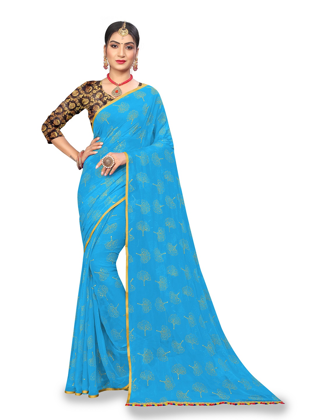 

Rhey Floral Foil Printed Zari Saree, Turquoise blue