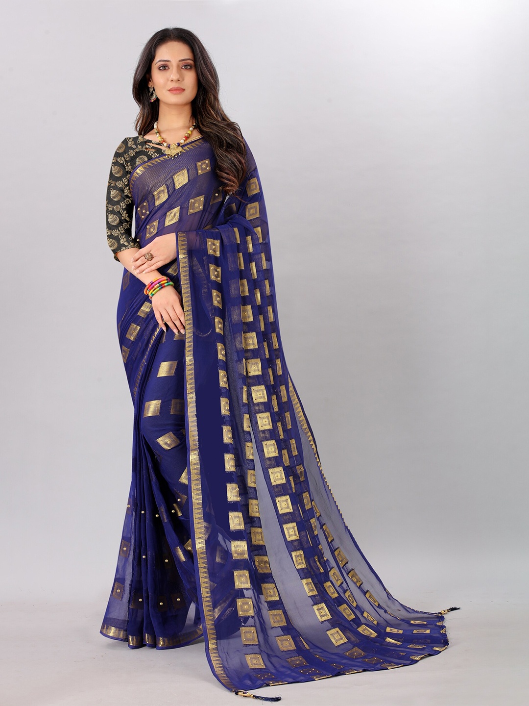 

Rhey Woven Design Beads and Stones Pure Chiffon Banarasi Saree, Navy blue
