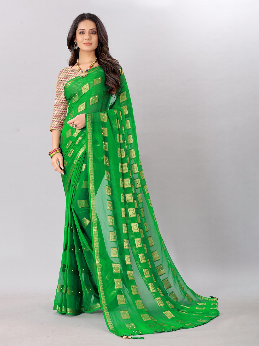 

Rhey Ethnic Motifs Woven Design Beads and Stones Pure Chiffon Banarasi Saree, Green