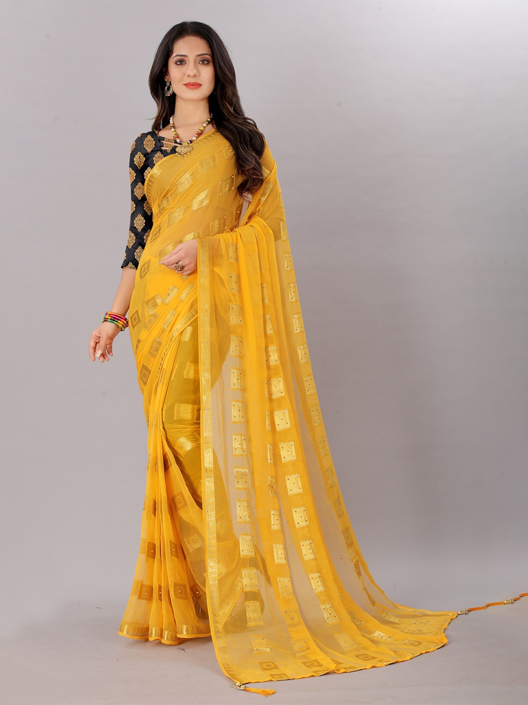 

Rhey Geometric Woven Design Beads and Stones Pure Chiffon Banarasi Saree, Yellow