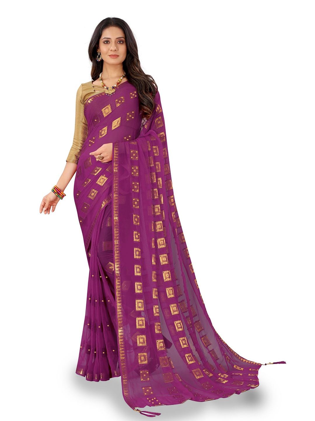 

Rhey Ethnic Motifs Woven Design Beads and Stones Pure Chiffon Banarasi Saree, Purple