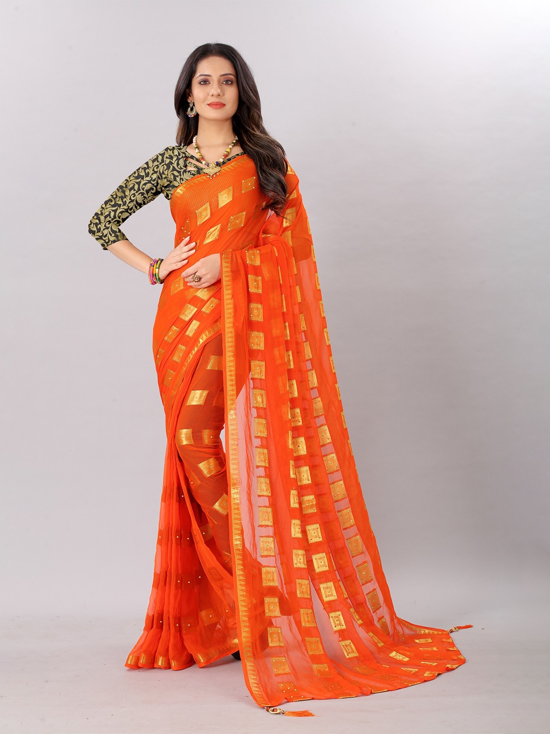 

Rhey Ethnic Motifs Woven Design Beads and Stones Pure Chiffon Banarasi Saree, Orange