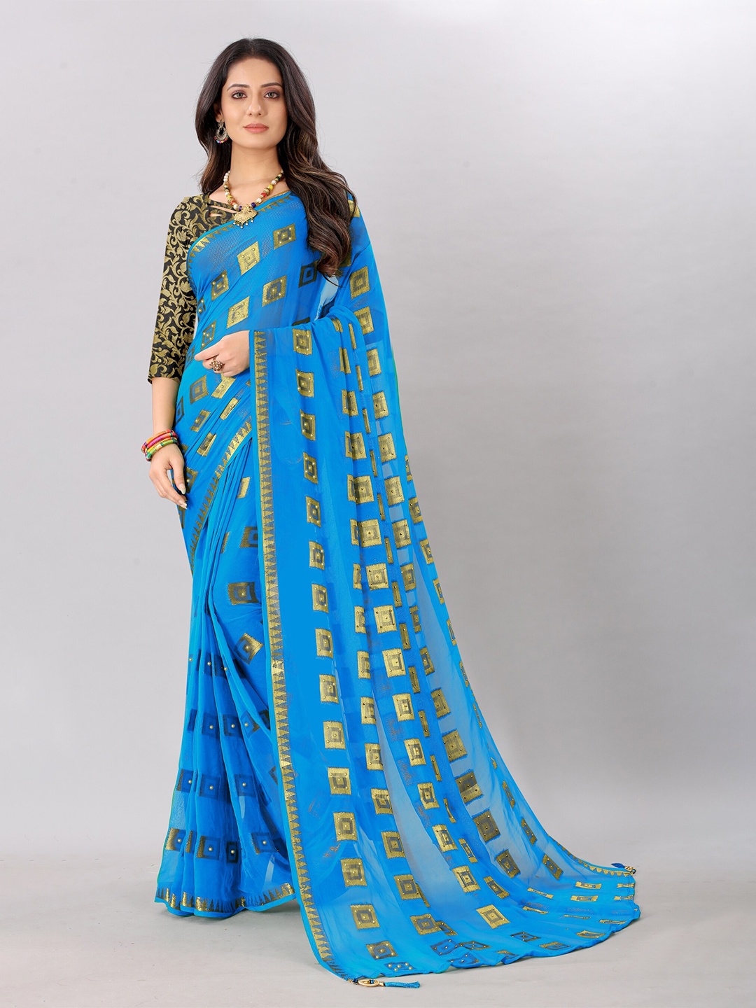 

Rhey Woven Design Beads and Stones Pure Chiffon Saree, Turquoise blue