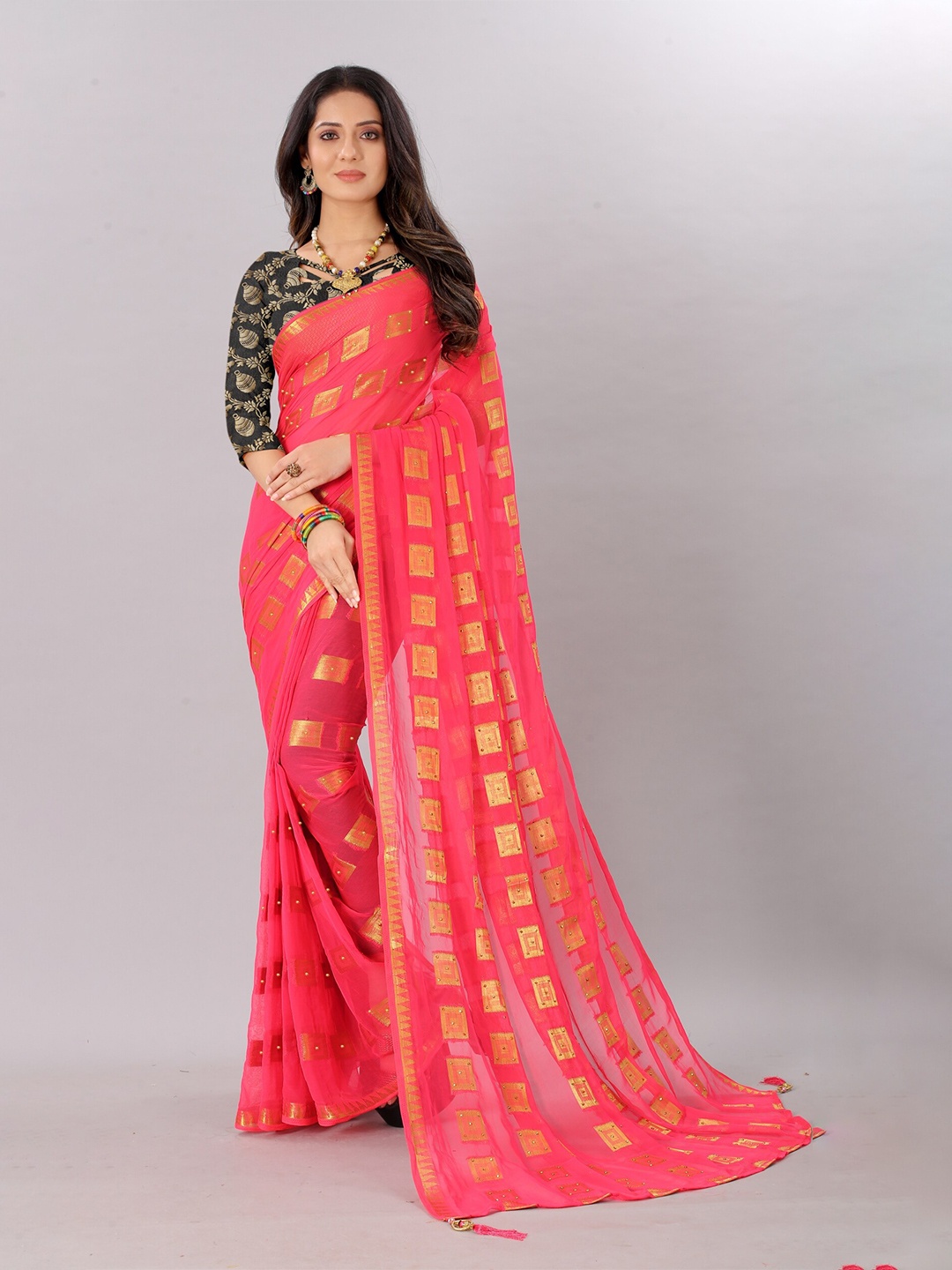 

Rhey Woven Design Beads and Stones Pure Chiffon Saree, Pink