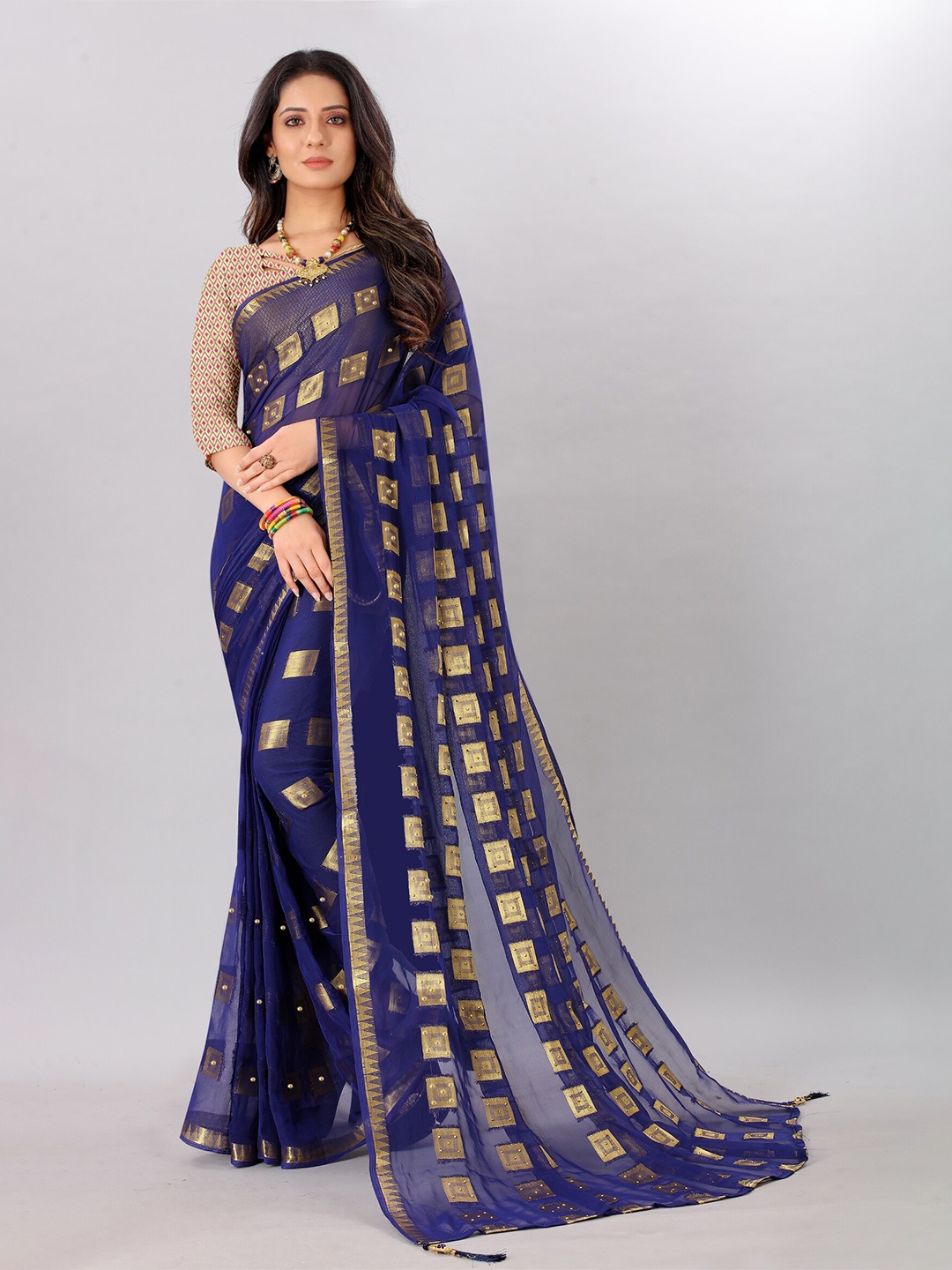 

Rhey Geometric Woven Design Zari Pure Chiffon Banarasi Saree, Navy blue