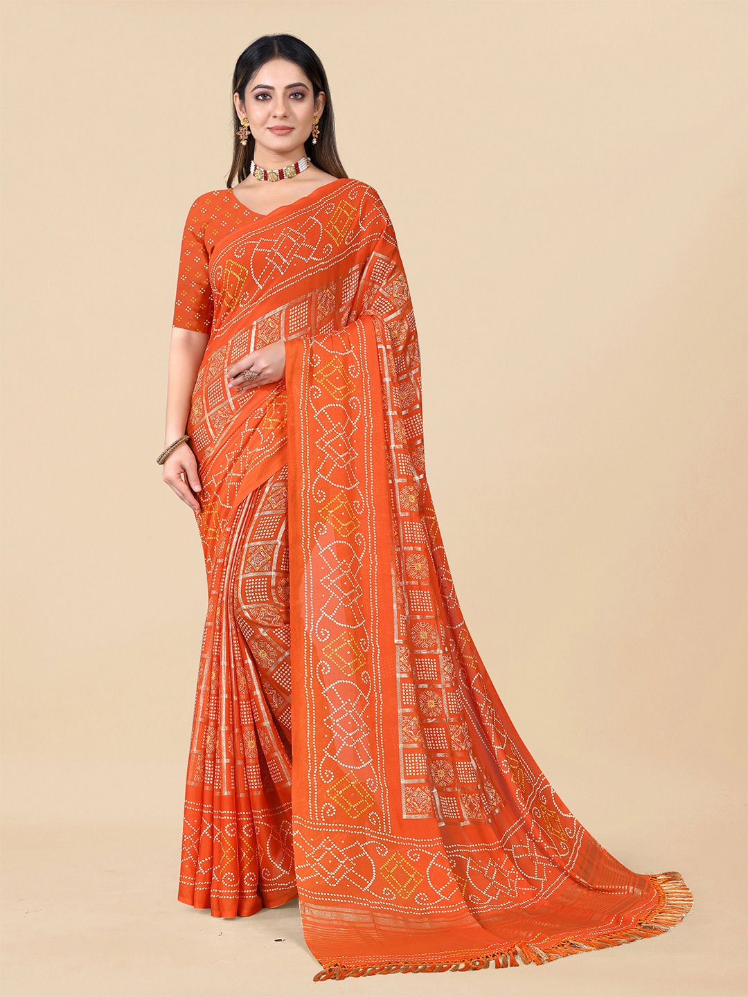 

Rhey Bandhani Printed Zari Pure Chiffon Patola Saree, Orange