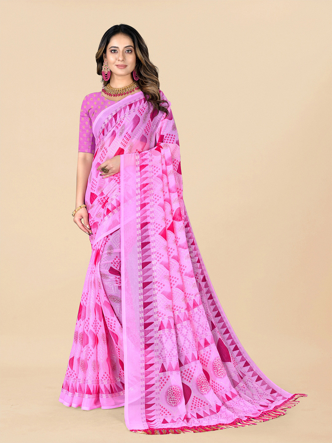 

Rhey Ethnic Motifs Printed Pure Chiffon Saree, Pink