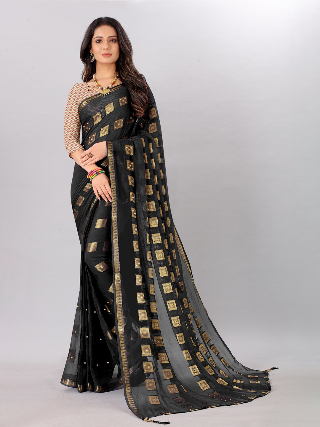 

Rhey Woven Design Geometric Beads And Stones Pure Chiffon Banarasi Saree, Black