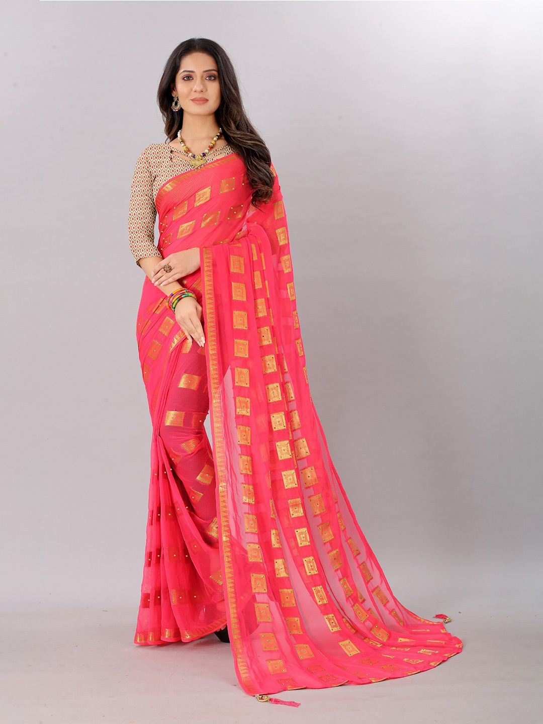

Rhey Woven Design Zari Pure Chiffon Banarasi Saree, Pink