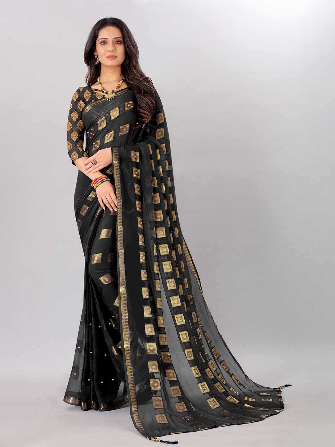 

Rhey Woven Design Zari Pure Chiffon Banarasi Saree, Black
