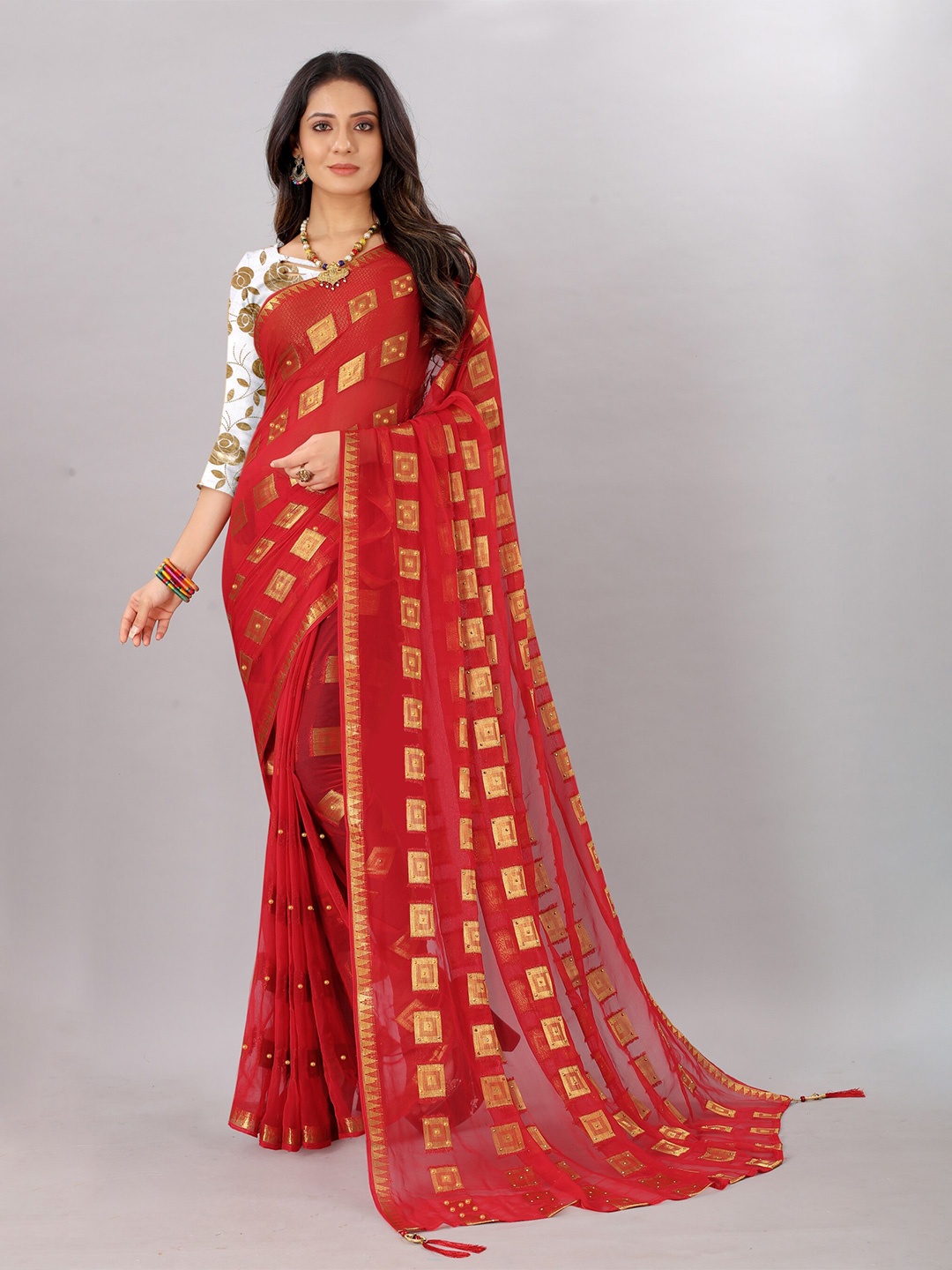

Rhey Woven Design Beads and Stones Pure Chiffon Banarasi Saree, Red