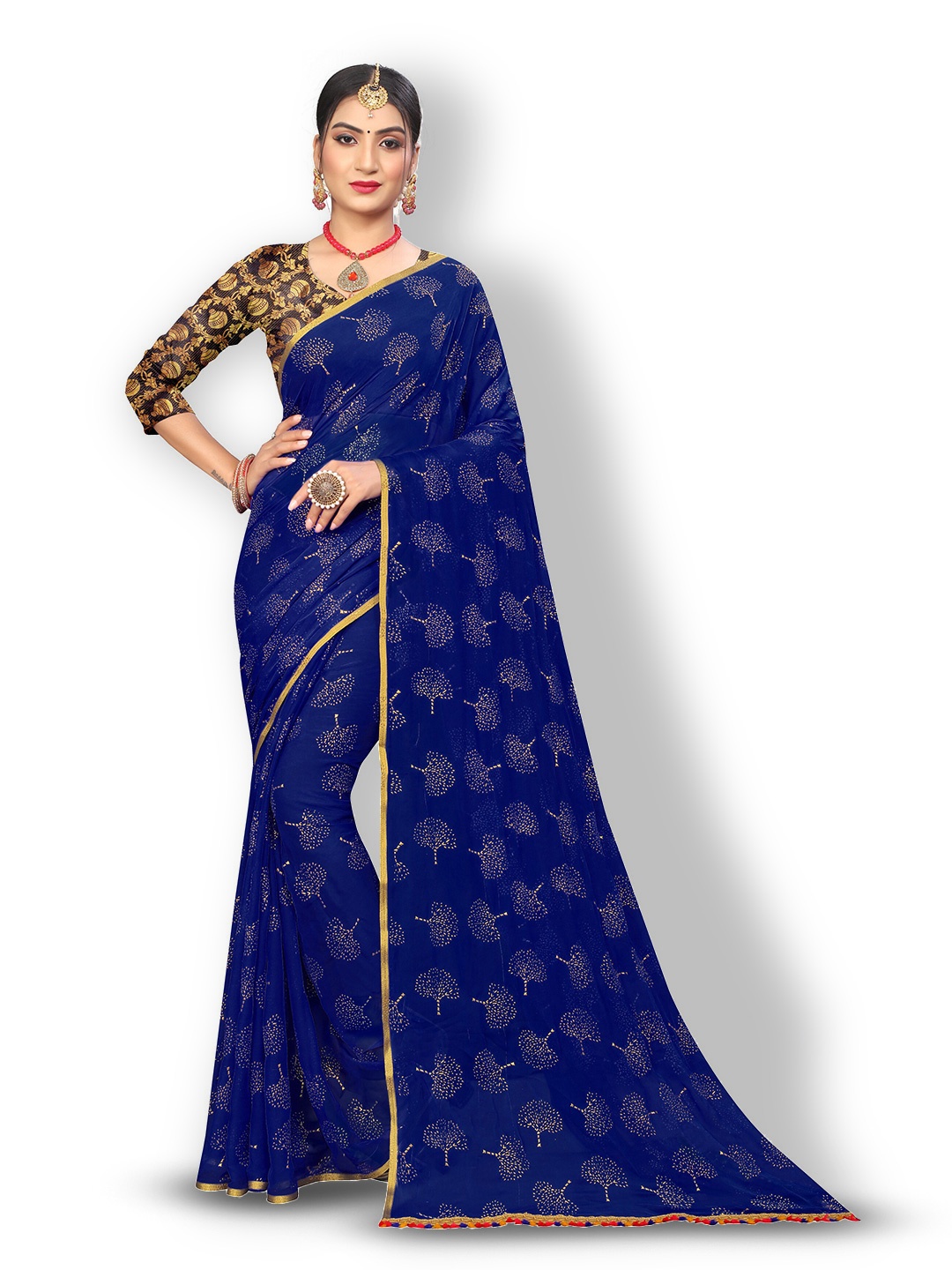 

Rhey Floral Foil Printed Zari Saree, Navy blue