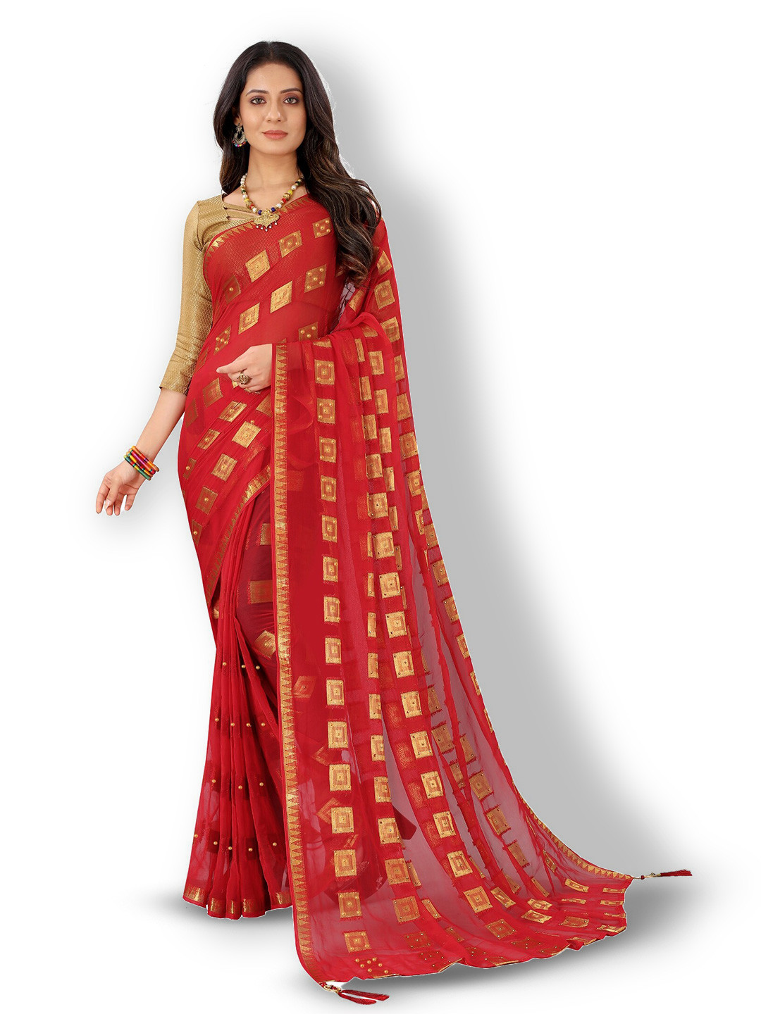 

Rhey Woven Design Geometric Beads and Stones Pure Chiffon Banarasi Saree, Red