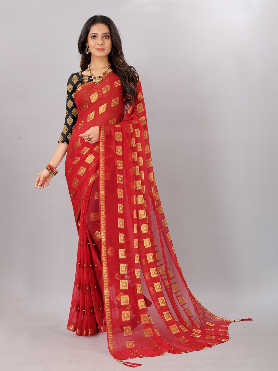 

Rhey Woven Design Geometric Zari Pure Chiffon Saree, Red