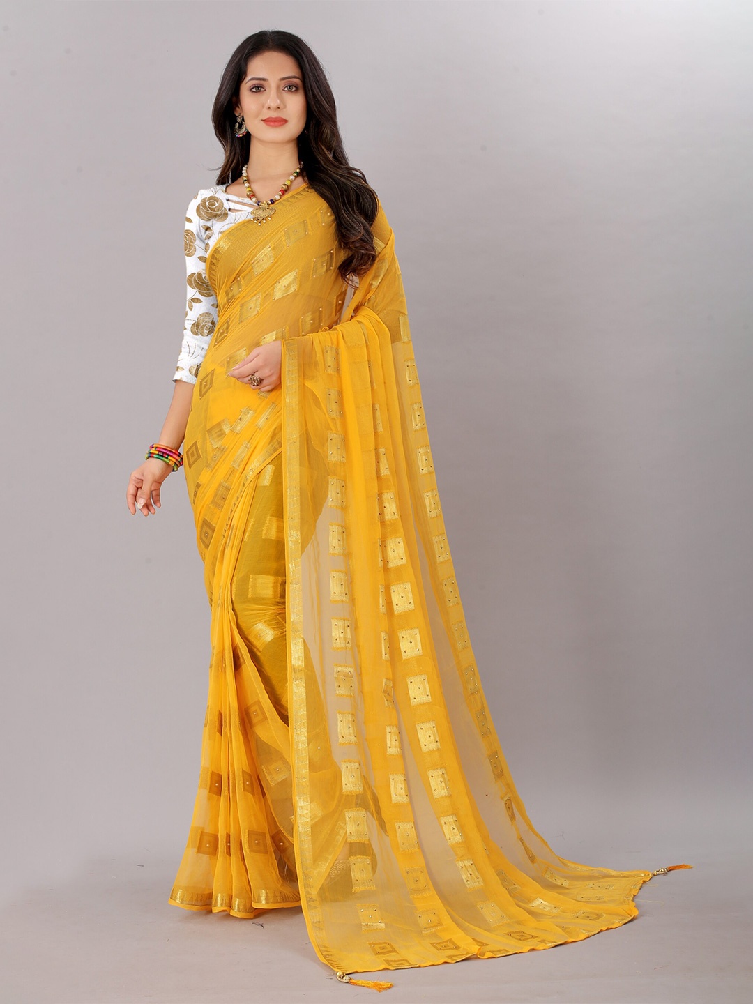 

Rhey Geometric Woven Design Beads and Stones Pure Chiffon Banarasi Saree, Yellow