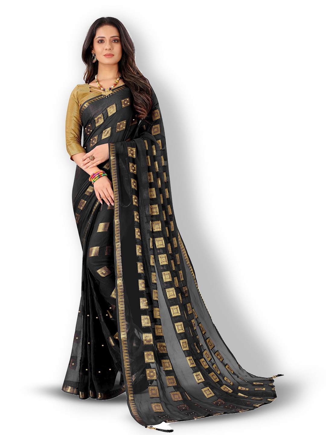 

Rhey Geometric Woven Design Beads And Stones Embellished Pure Chiffon Saree, Black