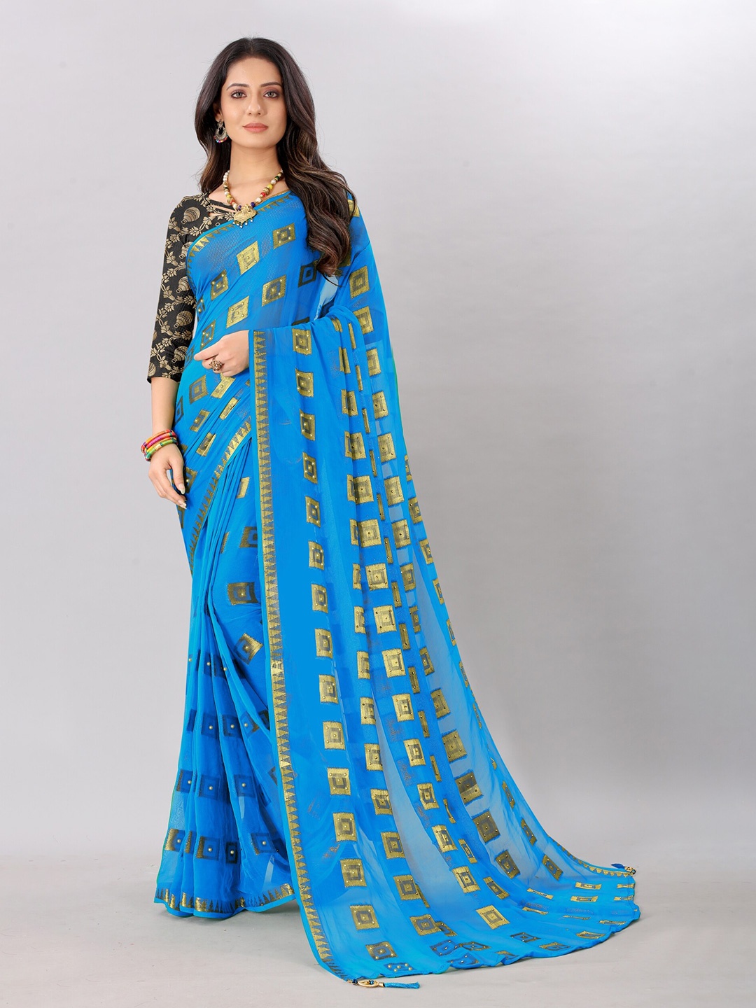 

Rhey Woven Design Beads and Stones Pure Chiffon Banarasi Saree, Turquoise blue