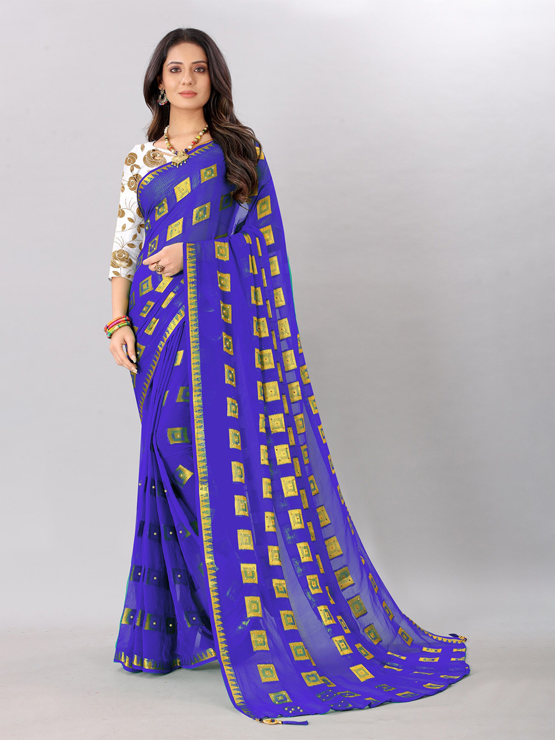 

Rhey Geometric Printed Beads and Stones Pure Chiffon Saree, Blue