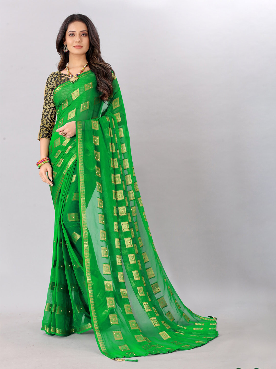 

Rhey Ethnic Motifs Woven Design Beads and Stones Pure Chiffon Banarasi Saree, Green