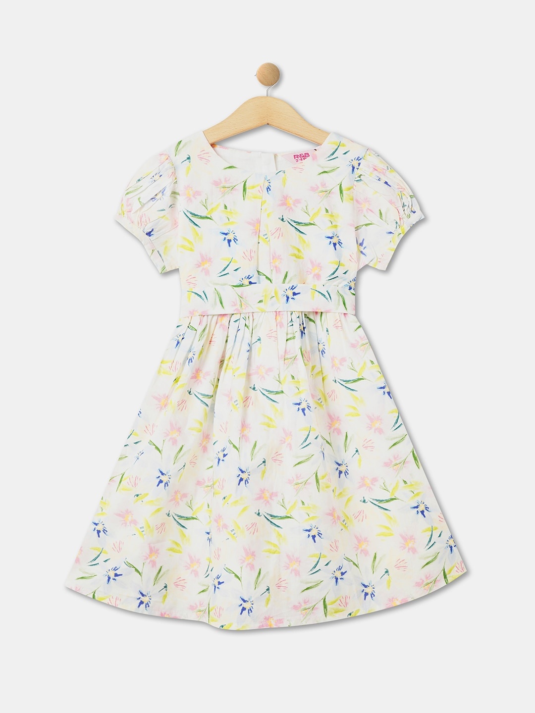 

R&B Girls Floral Printed Puff Sleeve Cotton Fit & Flare Dress, White