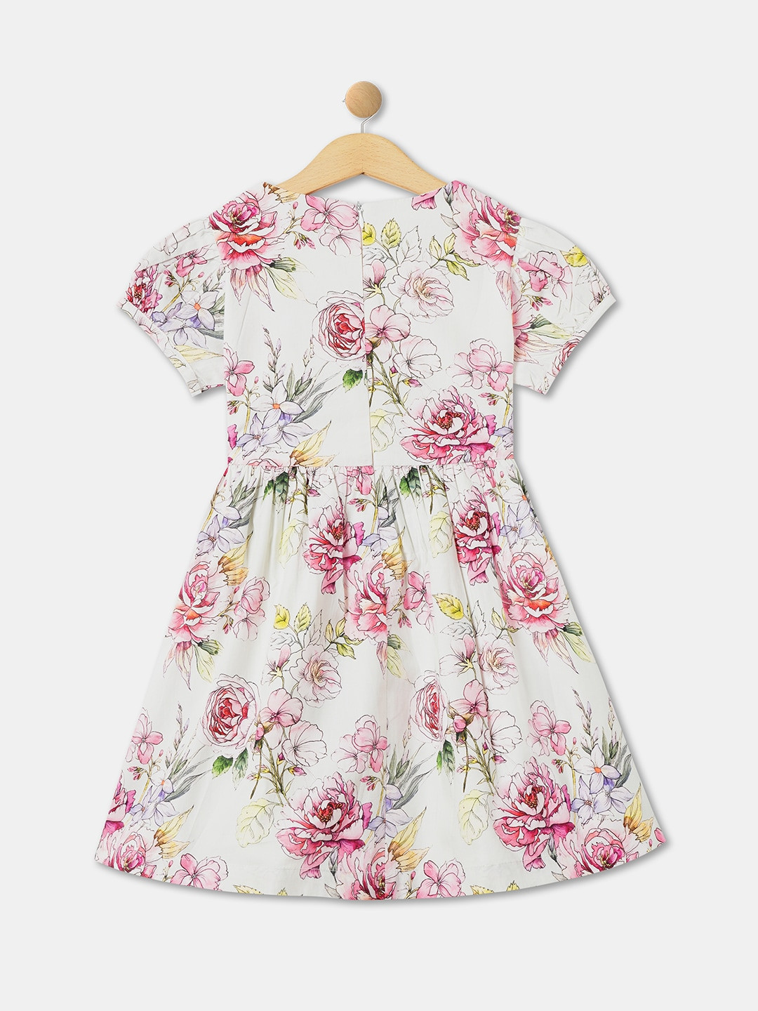 

R&B Girls Floral Printed Puff Sleeve Gathered & Pleated Cotton Fit & Flare Dress, White