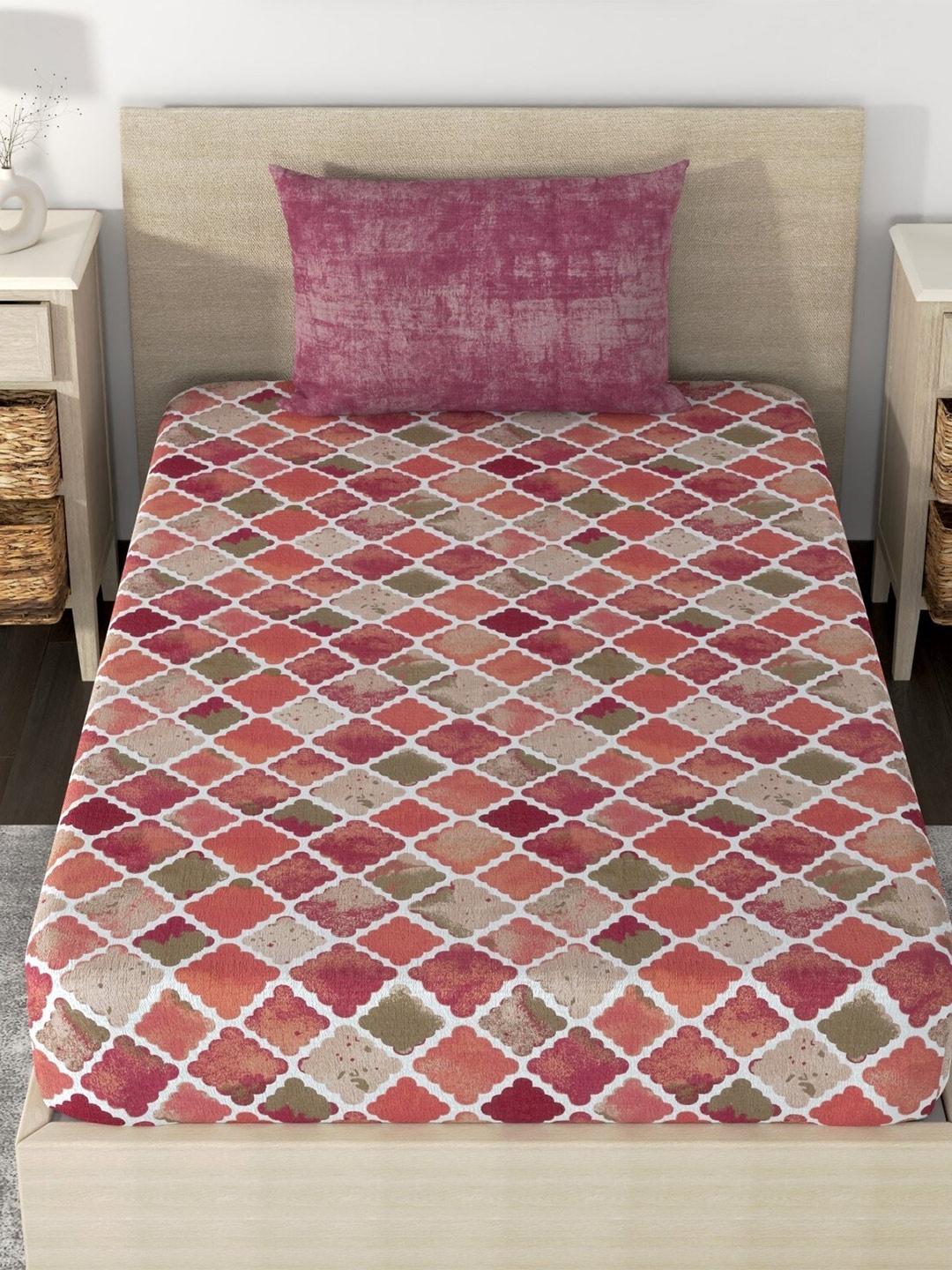 

Huesland Beige & Orange Geometric 186 TC Cotton Single Bedsheet with 1 Pillow Cover