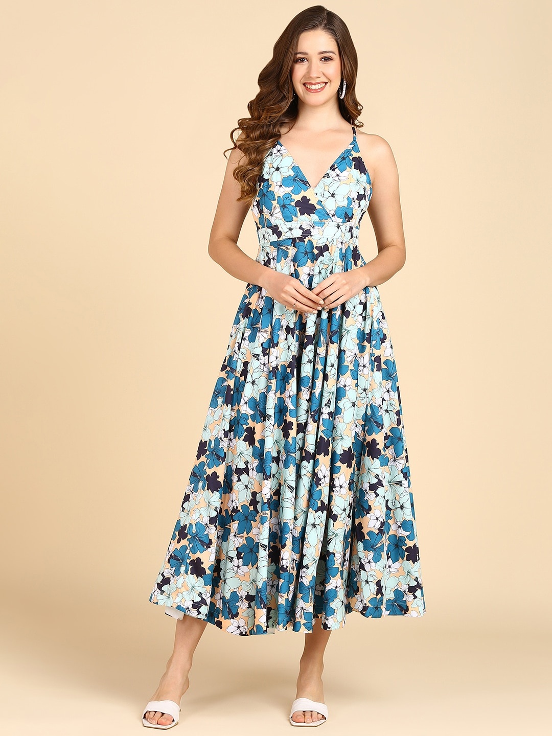 

ZNX Clothing Floral Printed Shoulder Straps Fit & Flare Midi Dress, Blue
