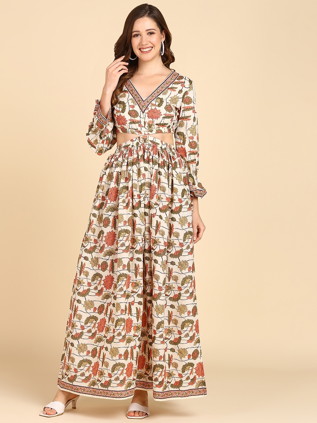 

ZNX Clothing Floral Printed V-Neck Bell Sleeve Maxi Dress, Cream