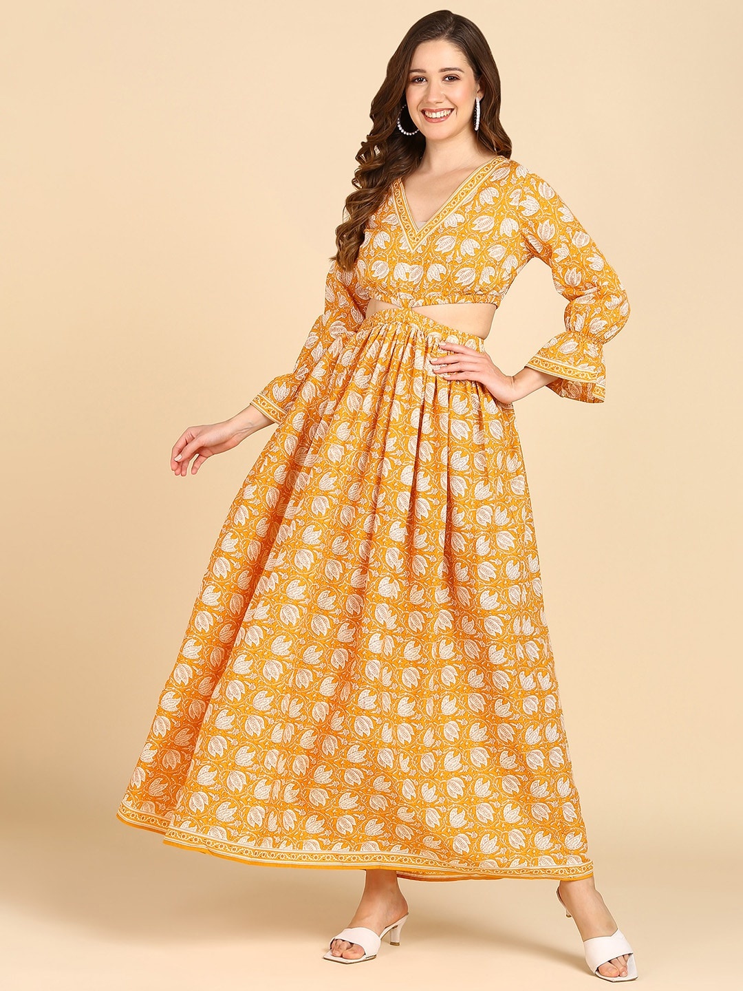 

ZNX Clothing Floral Printed Bell Sleeves V-Neck Maxi Dress, Yellow