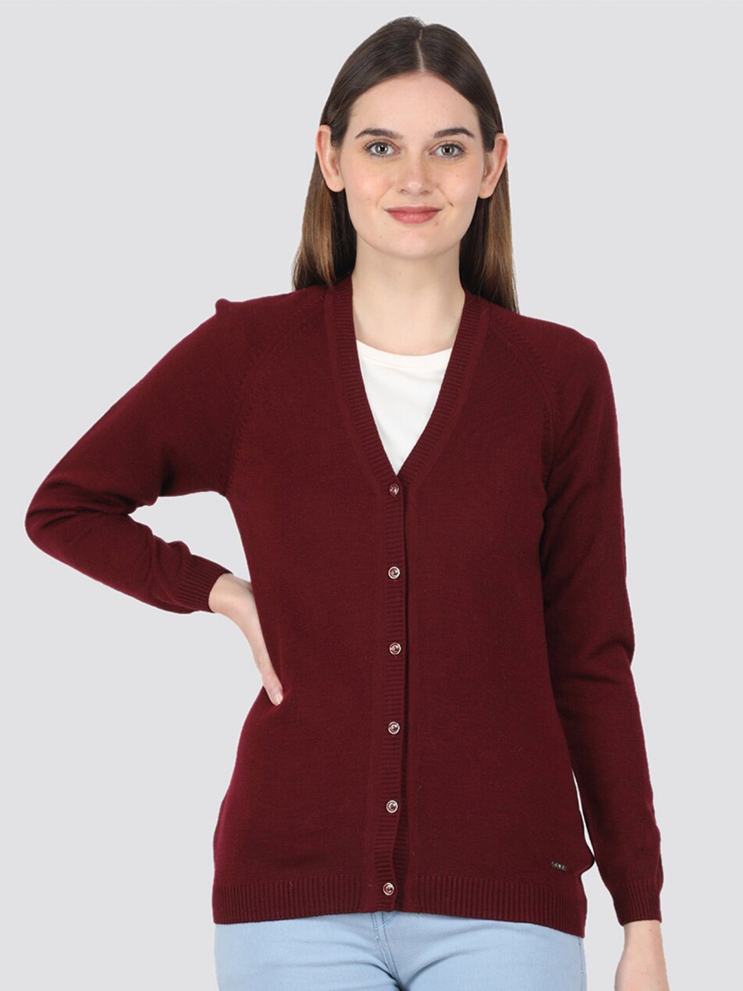 

Monte Carlo Women V-Neck Woollen Cardigan Sweater, Maroon