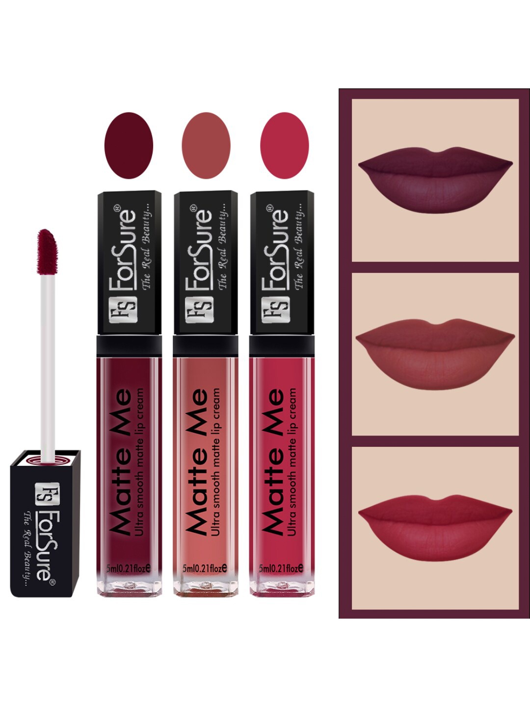 

ForSure Set of 3 Matte Me Ultra Smooth Lip Cream 5 ml Each - Ruby Red, Nude, Rich Pink, Purple