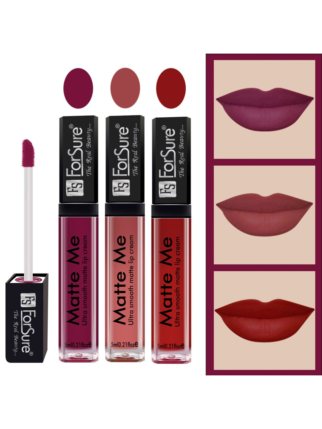 

ForSure Set of 3 Matte Me Ultra Smooth Lip Cream 5 ml Each - Royal Maroon, Nude, Matte Red, Purple