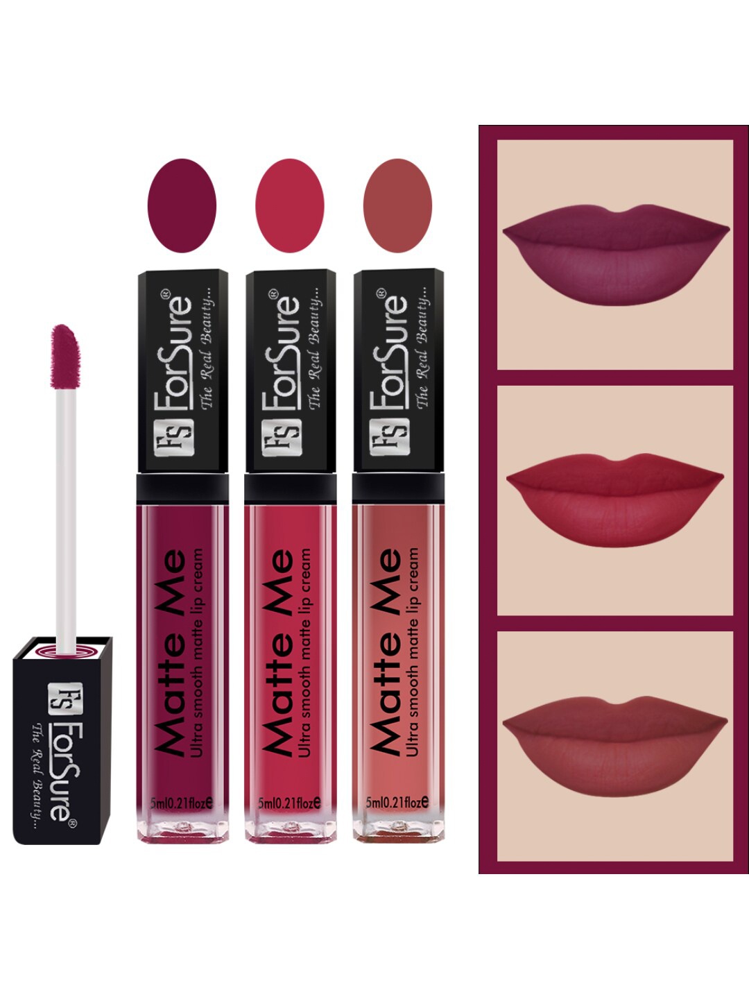 

ForSure Set of 3 Matte Me Ultra Smooth Lip Cream 5 ml Each - Royal Maroon, Rich Pink, Nude