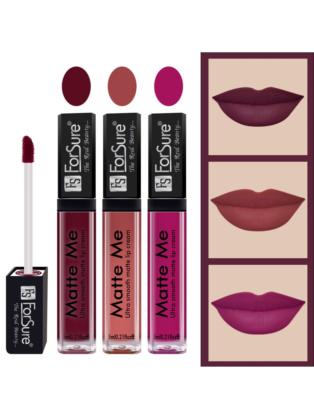 

ForSure Set of 3 Matte Me Ultra Smooth Lip Cream 5 ml Each - Ruby Red ,Nude, Magenta, Purple