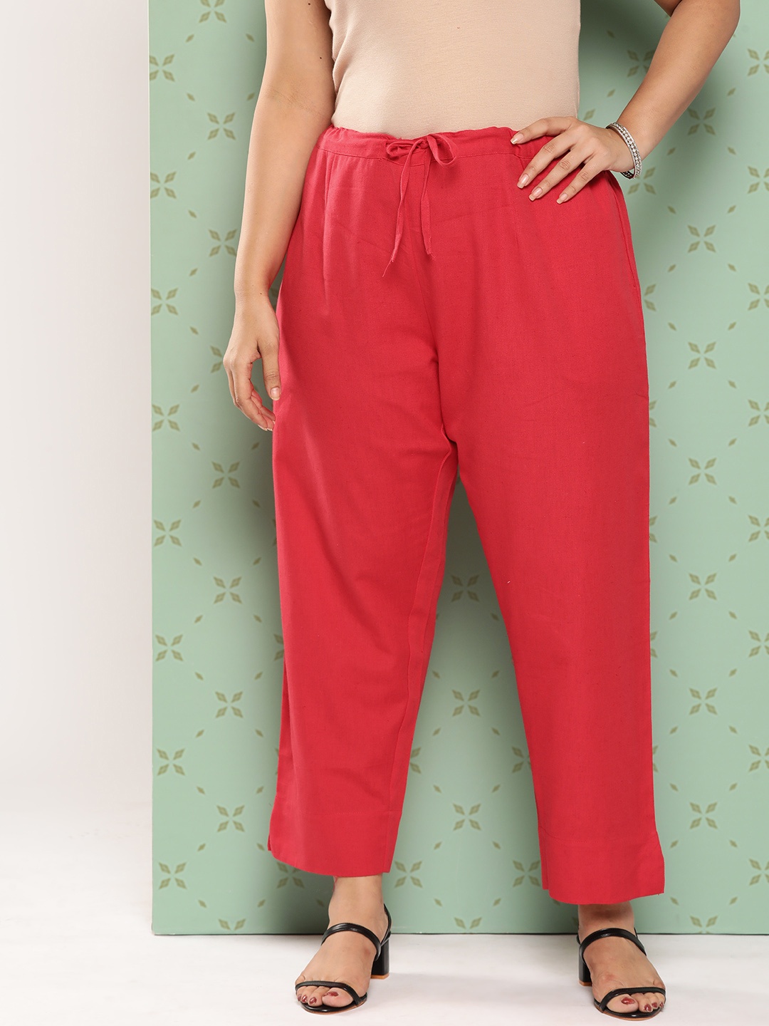 

Yufta Women Plus Size Norma Slim Fit Pure Cotton Ethnic Trousers, Red