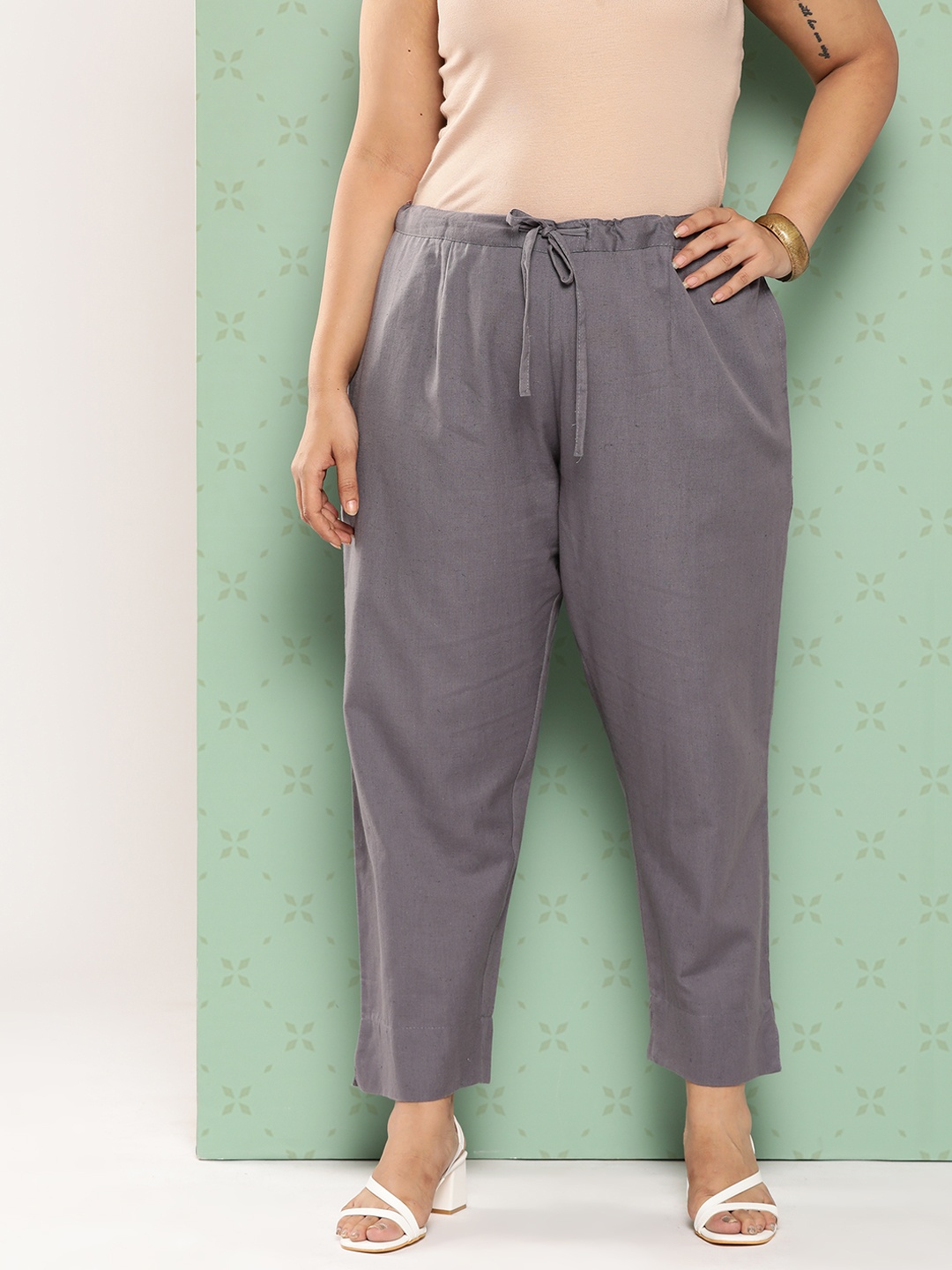 

Yufta Women Plus Size Norma Slim Fit Pure Cotton Ethnic Trousers, Grey