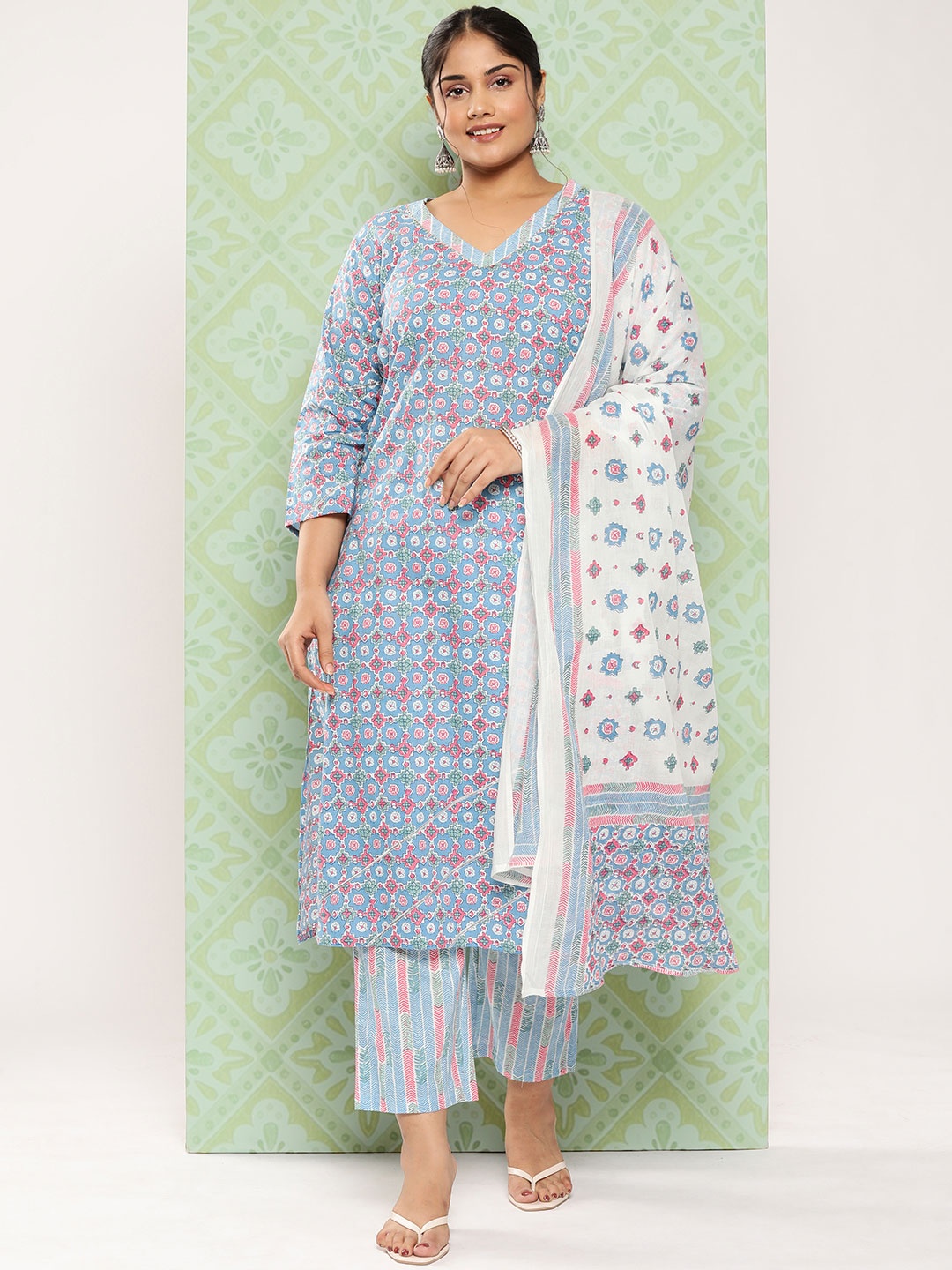 

Yufta Plus Size Ethnic Motifs Printed Pure Cotton Kurta with Trousers & With Dupatta, Blue