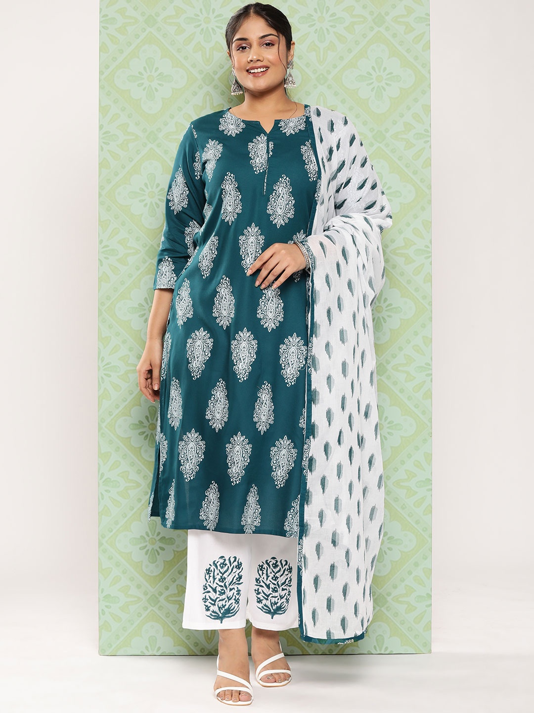 

Yufta Plus Size Ethnic Motifs Printed Regular Kurta with Palazzos & Dupatta, Teal