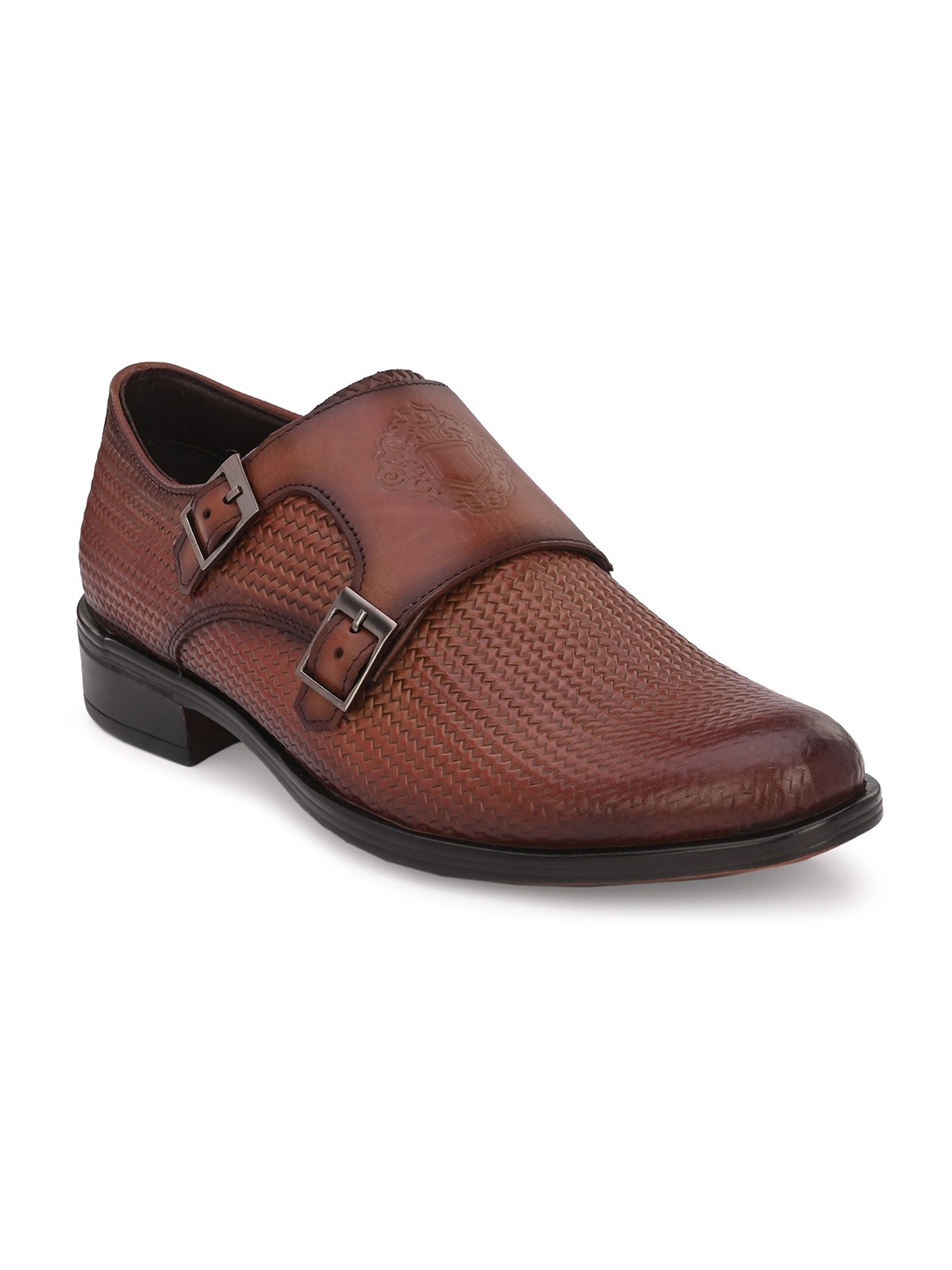 

Hitz Men Textured Formal Double Monk Shoes With Buckle Detail, Brown