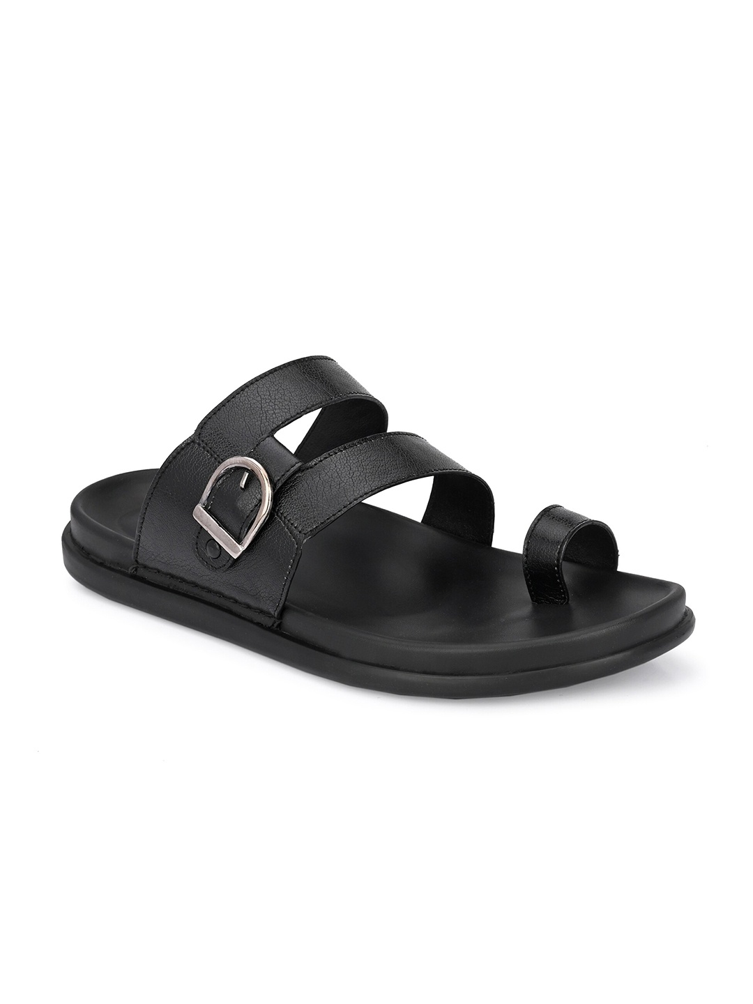 

Hitz Men Open Toe Leather Comfort Sandals With Buckle Detail, Black
