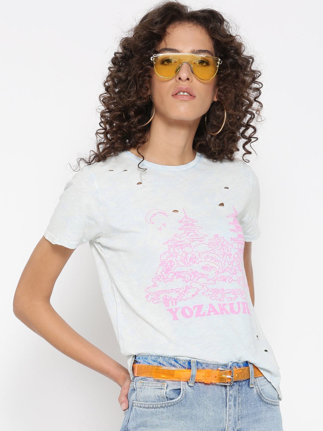 

FOREVER 21 Women Blue Printed Round Neck T-shirt