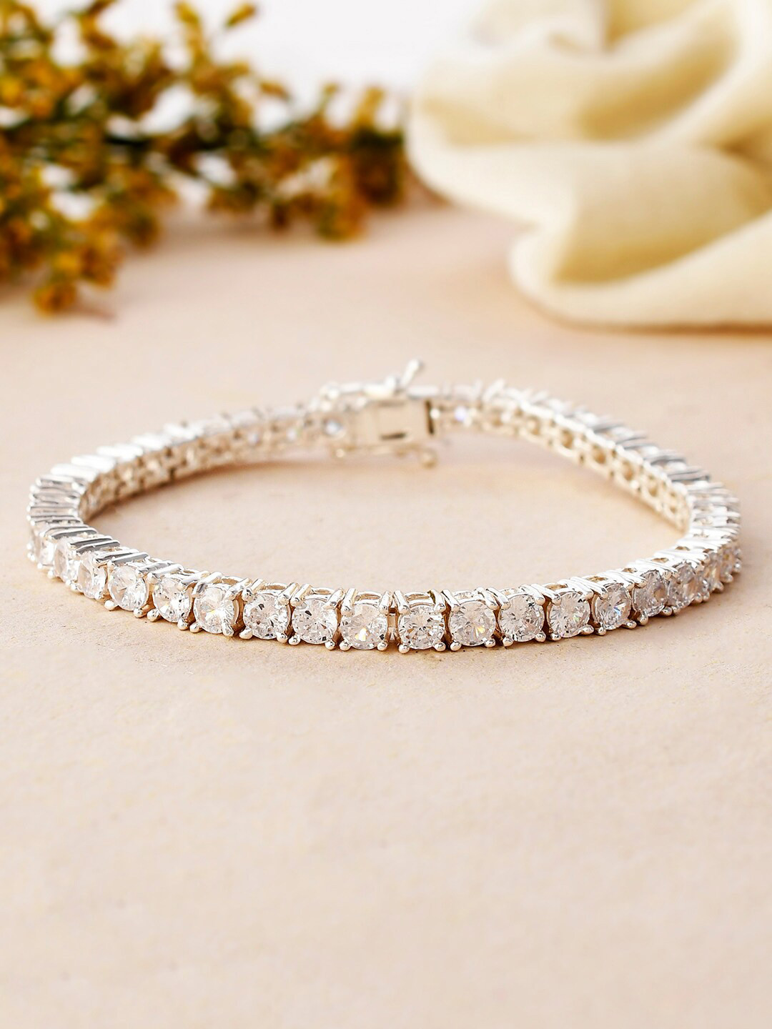 

Voylla Rhodium-Plated Stone Studded Bangle-Style Bracelet, Silver