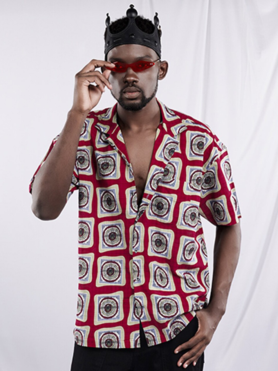 

FRENCH CROWN Standard Geometric Printed Cuban Collat Twill Cotton Casual Shirt, Red